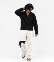 BLACK HENLEY BOXY FIT T-SHIRT